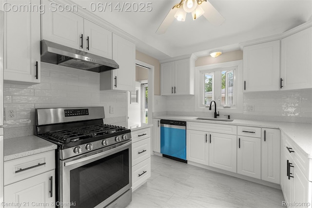 30345 Rush St, Garden City, MI 48135 - kitchen featuring dishwashing machine, stainless steel range with gas cooktop, under cabinet range hood, light marble finish floors, and white cabinets