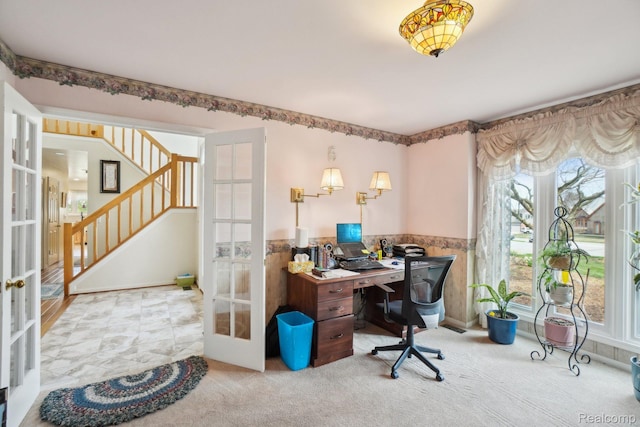 2138 Kennedy Dr, Rochester Hills, MI 48309 - office area featuring french doors, carpet, and a wainscoted wall