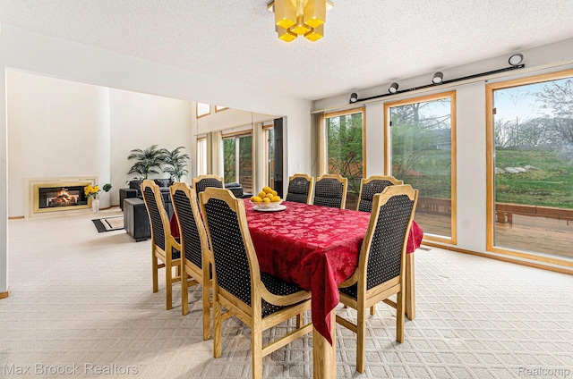 5322 Pond Bluff Dr, West Bloomfield, MI 48323 - dining area featuring light colored carpet, a textured ceiling, and a glass covered fireplace