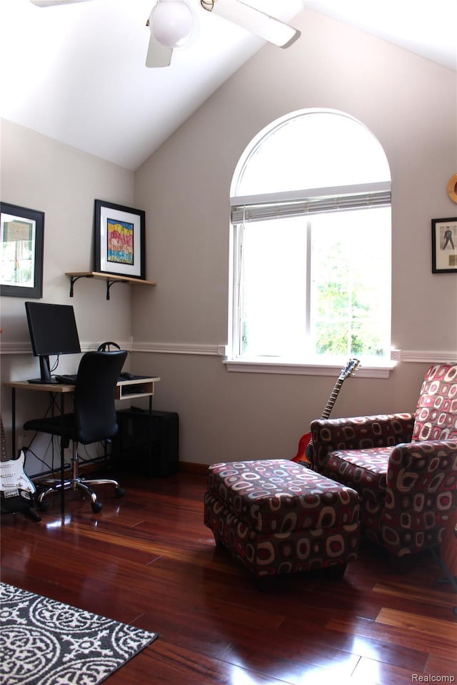 14361 Blue Heron Dr, Fenton, MI 48430 - office area featuring lofted ceiling, wood finished floors, and a ceiling fan