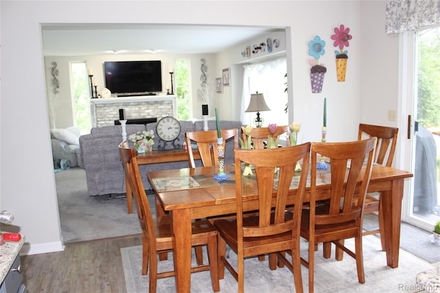 14361 Blue Heron Dr, Fenton, MI 48430 - dining space with wood finished floors and a fireplace