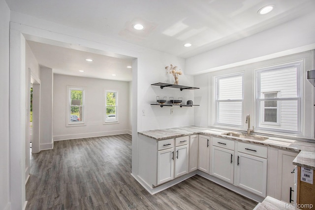 2934 Virginia Park St, Livonia, MI 48206 - kitchen featuring light stone counters, wood finished floors, open shelves, white cabinetry, and recessed lighting
