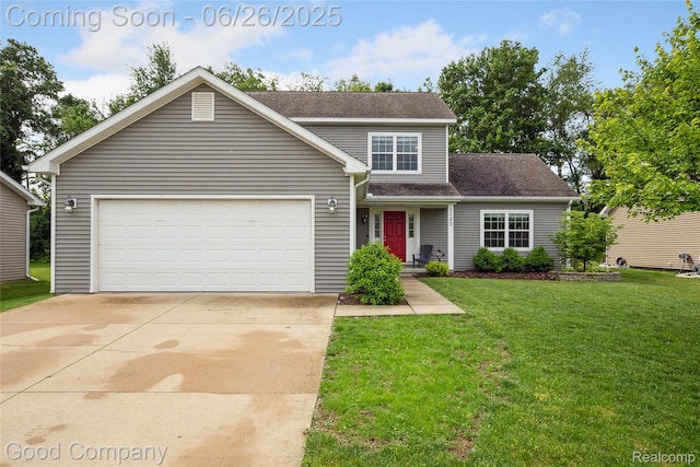 1123 Tartan Ln, Walled Lake, MI 48390 - traditional-style house featuring a front lawn, an attached garage, driveway, and a shingled roof