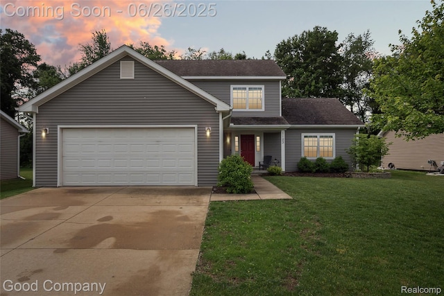 1123 Tartan Ln, Walled Lake, MI 48390 - traditional-style house featuring a yard, driveway, an attached garage, and roof with shingles