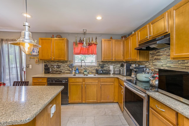 4315 Knollcrest Dr, Ann Arbor, MI 48108 - kitchen featuring appliances with stainless steel finishes, under cabinet range hood, backsplash, light tile patterned floors, and brown cabinetry