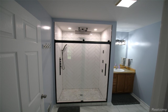 12850 E Rd, Burt, MI 48417 - full bathroom featuring vanity, a shower stall, marble look tile flooring, and recessed lighting
