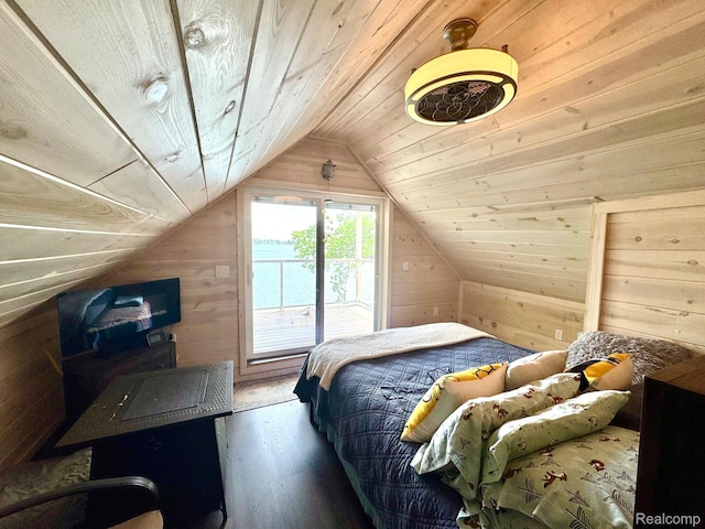13358 Wendell St, Fenton, MI 48430 - bedroom with wood walls, access to exterior, wood finished floors, vaulted ceiling, and wooden ceiling
