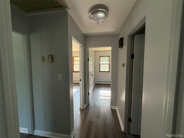 1321 Rainbow Dr, Saginaw, MI 48638 - hall with a baseboard radiator and dark wood-style floors