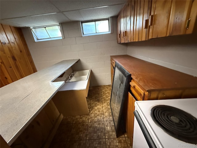 1321 Rainbow Dr, Saginaw, MI 48638 - kitchen with brown cabinetry, stove, and concrete block wall