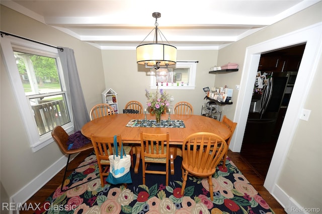 1924 Pinecrest Dr, Ferndale, MI 48220 - dining room featuring beamed ceiling, a chandelier, and wood finished floors
