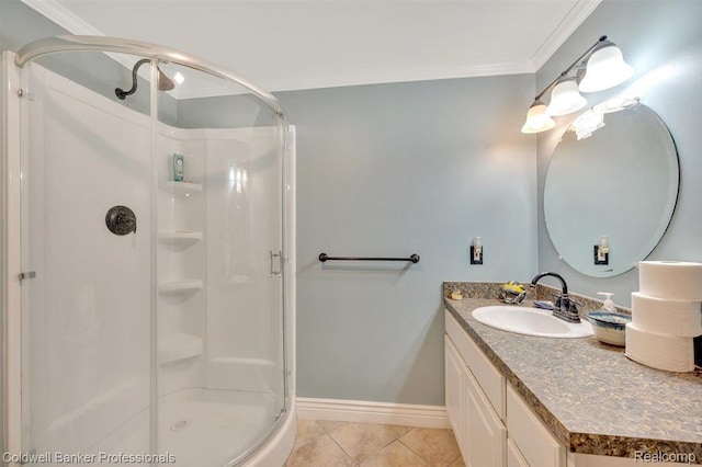 210 Mary St, Flushing, MI 48433 - full bathroom with a shower stall, vanity, tile patterned floors, and ornamental molding