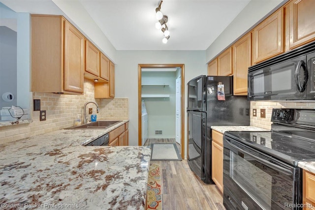 210 Mary St, Flushing, MI 48433 - kitchen with black appliances, light wood-type flooring, backsplash, and light brown cabinets