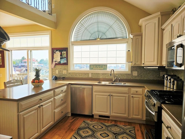 1005 W Lake St, Tawas City, MI 48763 - kitchen featuring appliances with stainless steel finishes, dark wood-style flooring, decorative backsplash, a peninsula, and vaulted ceiling