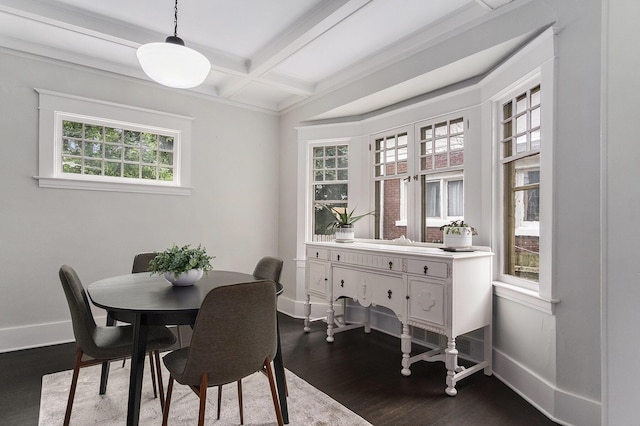 643 Giddings Ave SE, Grand Rapids, MI 49506 - dining room with dark wood-style floors, coffered ceiling, and beamed ceiling