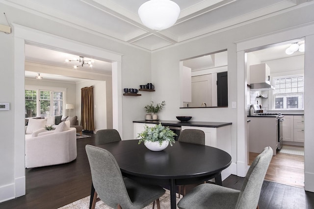 643 Giddings Ave SE, Grand Rapids, MI 49506 - dining space with crown molding, coffered ceiling, dark wood finished floors, beam ceiling, and a chandelier