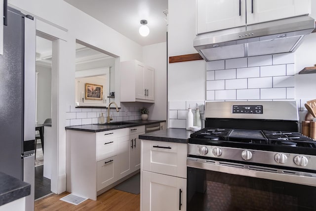 643 Giddings Ave SE, Grand Rapids, MI 49506 - kitchen featuring stainless steel appliances, under cabinet range hood, light wood-style floors, decorative backsplash, and dark countertops
