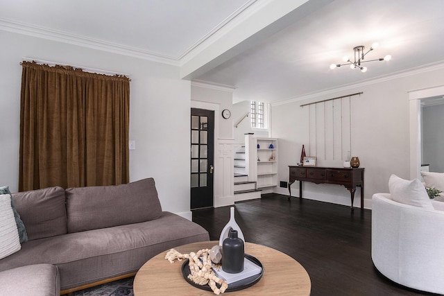 643 Giddings Ave SE, Grand Rapids, MI 49506 - living room with stairway, crown molding, dark wood-style flooring, and a chandelier