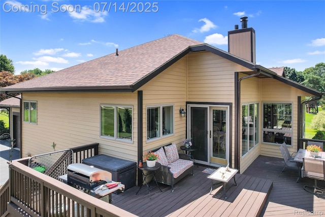 2985 Dana Pointe Dr, Pinckney, MI 48169 - rear view of house featuring a chimney, a deck, and roof with shingles