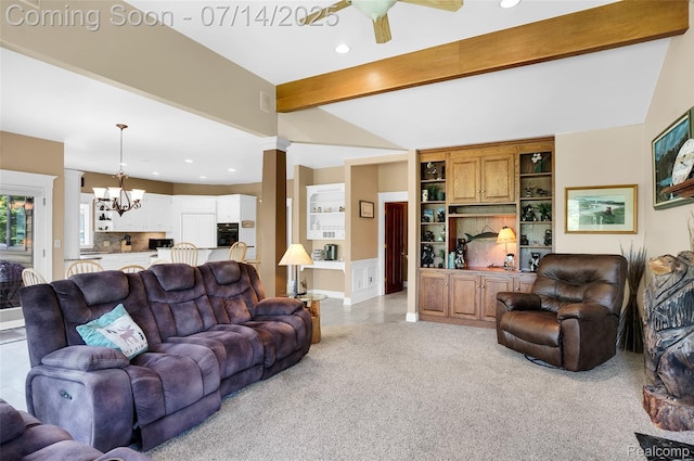 2985 Dana Pointe Dr, Pinckney, MI 48169 - living area with recessed lighting, a chandelier, beam ceiling, a ceiling fan, and ornate columns