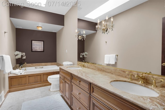 2985 Dana Pointe Dr, Pinckney, MI 48169 - full bathroom with a garden tub, double vanity, a chandelier, and tile patterned flooring