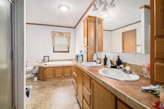 2256 Moulder Dr, Niles, MI 49120 - full bathroom with ornamental molding, a textured ceiling, a bath, double vanity, and a stall shower