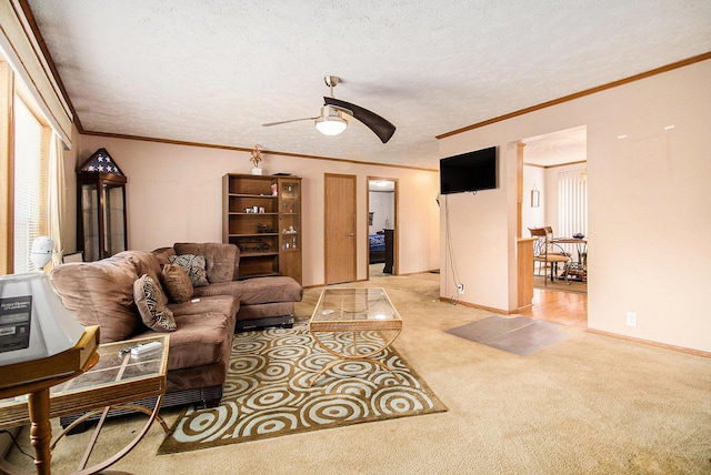 2256 Moulder Dr, Niles, MI 49120 - living room featuring a ceiling fan, light carpet, ornamental molding, and a textured ceiling