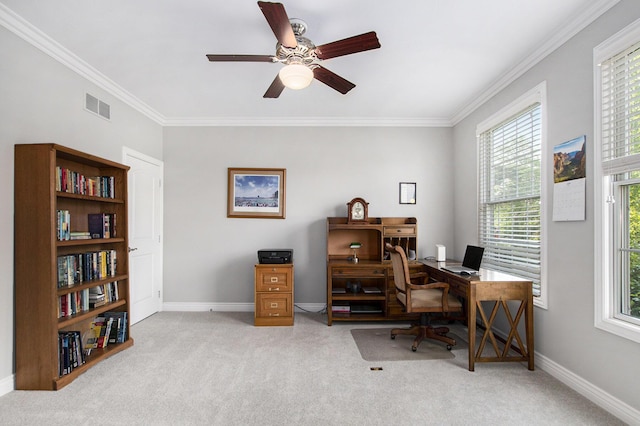 7251 Beverly Dr, South Haven, MI 49090 - carpeted home office featuring crown molding and ceiling fan