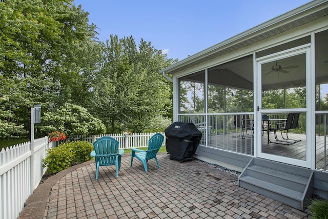 7251 Beverly Dr, South Haven, MI 49090 - view of patio / terrace with a sunroom, a grill, and a ceiling fan