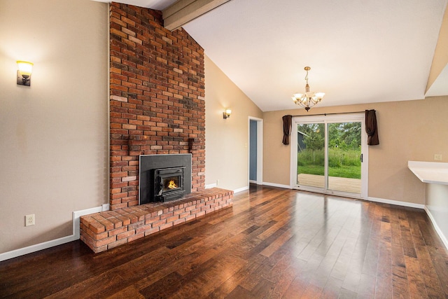 8175 Chamberlin Rd, Dexter, MI 48130 - unfurnished living room featuring hardwood / wood-style floors, beamed ceiling, a chandelier, and high vaulted ceiling