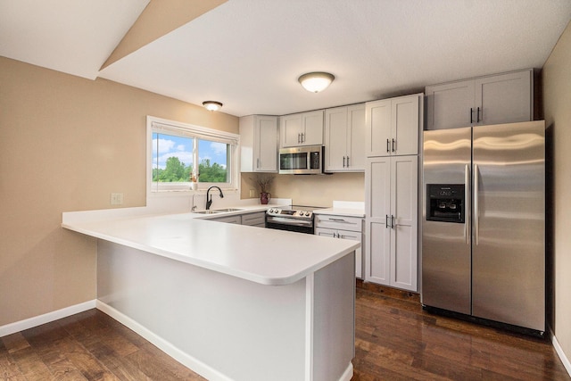 8175 Chamberlin Rd, Dexter, MI 48130 - kitchen with stainless steel appliances, a peninsula, dark wood-style flooring, and light countertops
