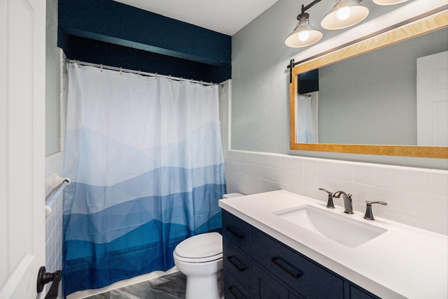 8175 Chamberlin Rd, Dexter, MI 48130 - bathroom with tile walls, vanity, a wainscoted wall, curtained shower, and marble finish flooring