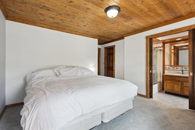 6860 Ashley Ave NE, Belding, MI 48809 - bedroom with light carpet, crown molding, wooden ceiling, and ensuite bathroom
