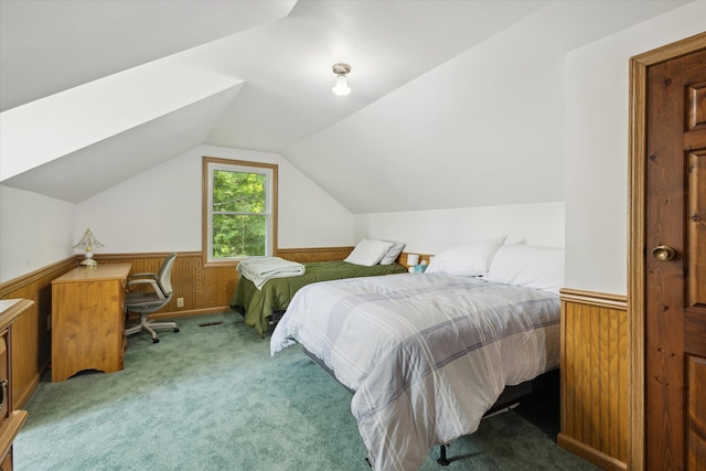 6860 Ashley Ave NE, Belding, MI 48809 - bedroom featuring vaulted ceiling, wainscoting, carpet flooring, and wood walls