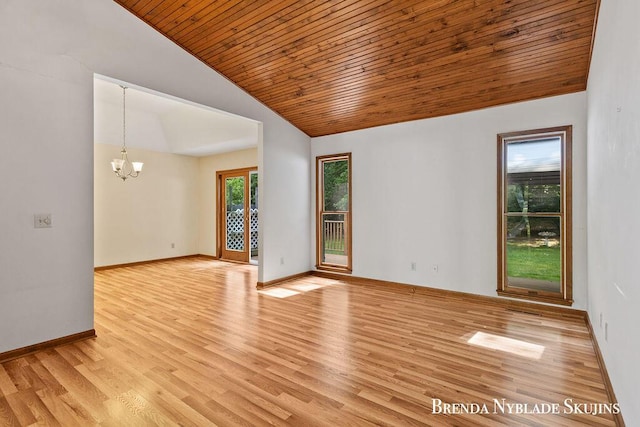 13412 Forest Park Dr, Grand Haven, MI 49417 - empty room featuring vaulted ceiling, wood ceiling, a chandelier, and light wood-style floors