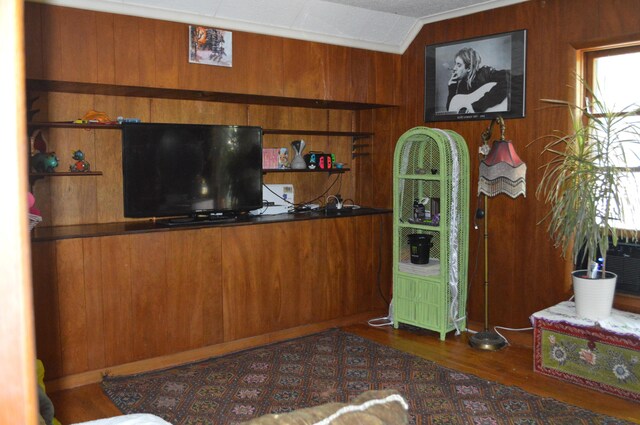 517 Winchester Ave, Saint Joseph, MI 49085 - living room featuring wood walls, wood finished floors, and lofted ceiling