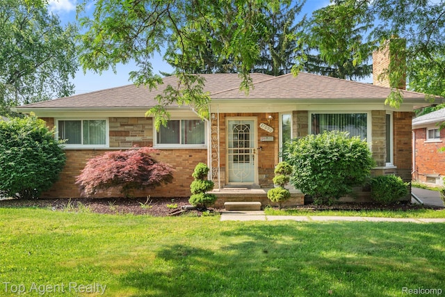 17090 Collinson Ave, Eastpointe, MI 48021 - view of front facade featuring a chimney, a front yard, roof with shingles, and stone siding