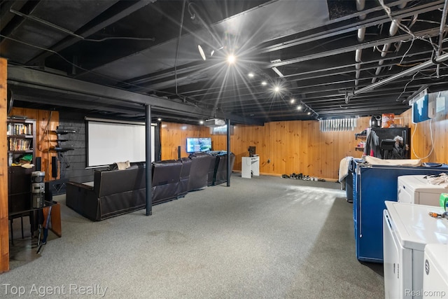 17090 Collinson Ave, Eastpointe, MI 48021 - below grade area featuring washing machine and dryer, wood walls, and carpet flooring