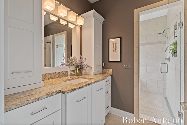 3794 Lake Birch St NE, Grand Rapids, MI 49525 - bathroom with vanity, a stall shower, and tile patterned floors