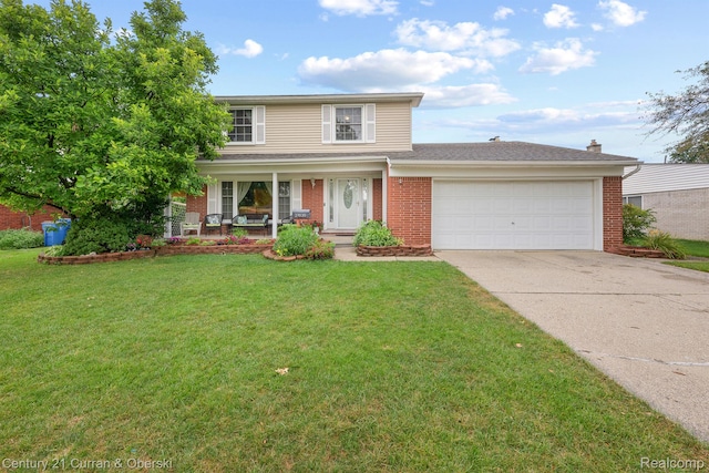 27020 Havelock Dr, Dearborn Heights, MI 48127 - traditional-style home featuring brick siding, driveway, an attached garage, a porch, and a front lawn