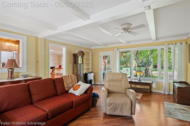 34030 Hampshire St, Livonia, MI 48154 - living room with wood finished floors, beam ceiling, and a ceiling fan