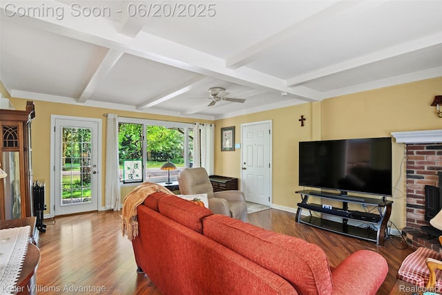 34030 Hampshire St, Livonia, MI 48154 - living room with wood finished floors, ceiling fan, and beamed ceiling