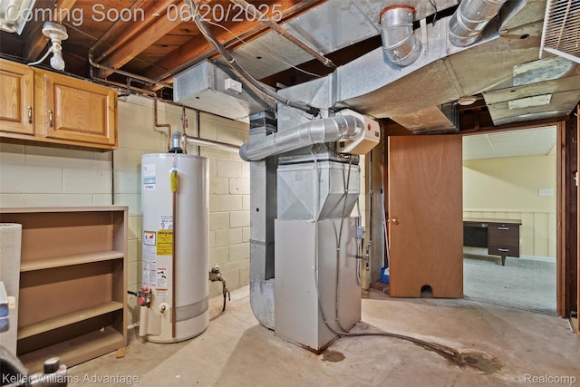 34030 Hampshire St, Livonia, MI 48154 - unfinished below grade area with gas water heater, heating unit, and concrete block wall