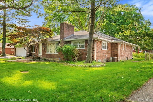 34030 Hampshire St, Livonia, MI 48154 - view of property exterior featuring a garage, brick siding, a chimney, a yard, and driveway