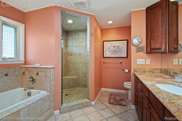 34030 Hampshire St, Livonia, MI 48154 - full bath featuring vanity, a garden tub, a shower stall, ornamental molding, and recessed lighting