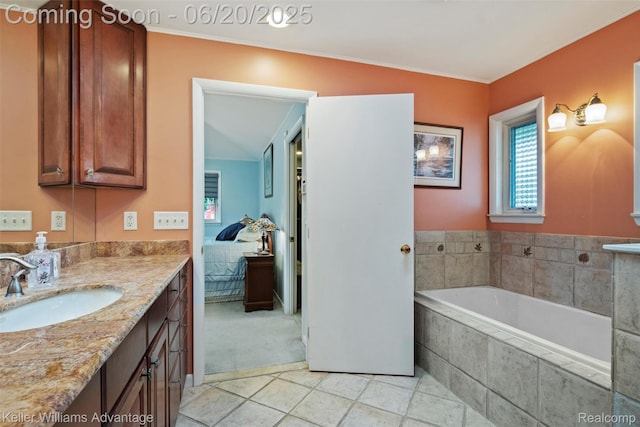 34030 Hampshire St, Livonia, MI 48154 - full bathroom featuring vanity, a bath, ensuite bath, tile patterned floors, and ornamental molding
