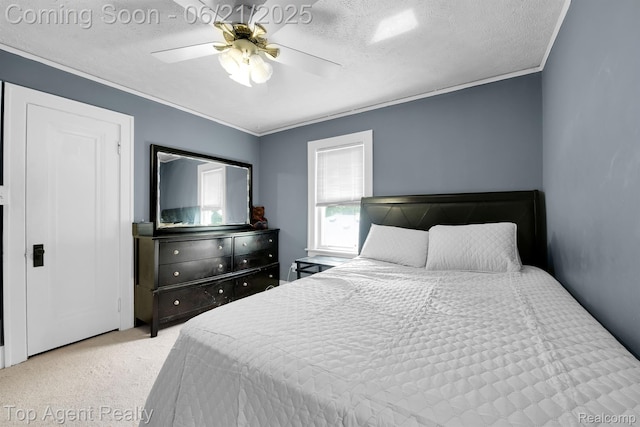 136 Alice Ave, Bloomfield Hills, MI 48302 - bedroom with ornamental molding, a textured ceiling, carpet, and ceiling fan