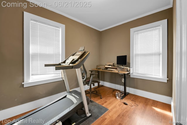 136 Alice Ave, Bloomfield Hills, MI 48302 - exercise room featuring ornamental molding and wood finished floors
