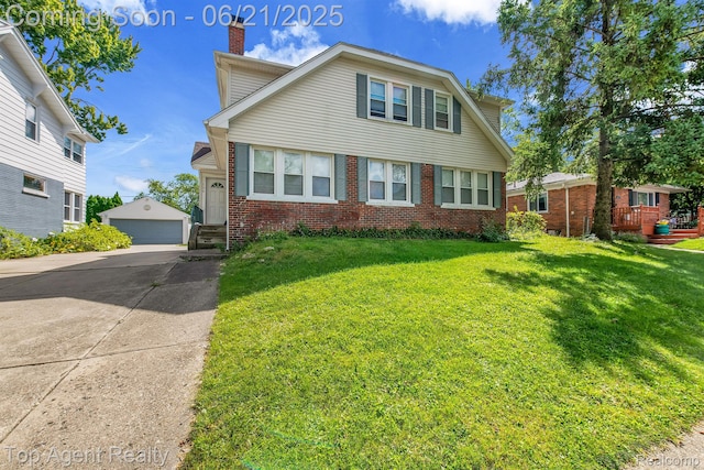 136 Alice Ave, Bloomfield Hills, MI 48302 - view of front of home featuring a chimney, an outdoor structure, brick siding, a front yard, and a detached garage