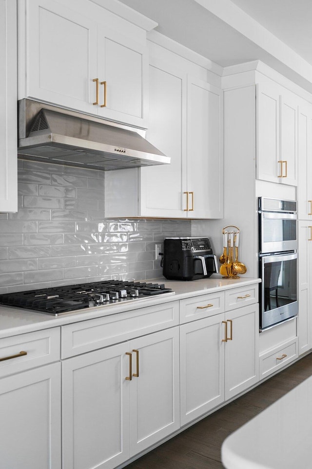 2949 Aughton Rd, Ann Arbor, MI 48105 - kitchen featuring under cabinet range hood, stainless steel appliances, white cabinets, and light countertops