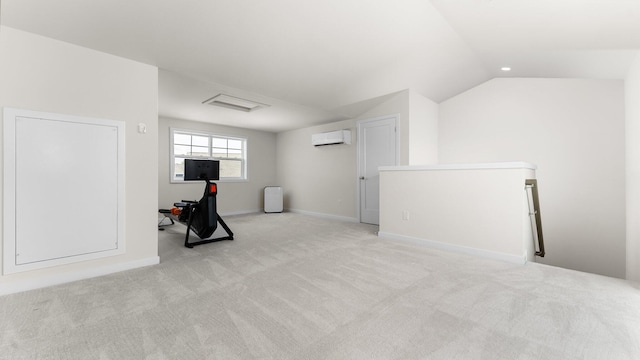 2949 Aughton Rd, Ann Arbor, MI 48105 - exercise area featuring a wall unit AC, light carpet, and lofted ceiling